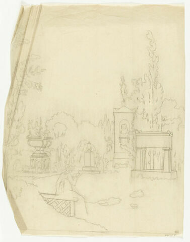 Femme assise lisant dans un parc avec au fond à gauche la Diane d'Anet et à droite un tombeau antique, image 1/1