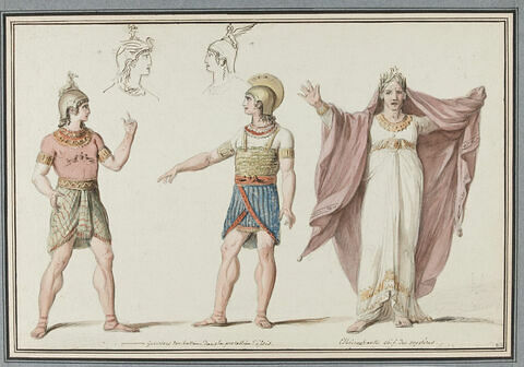 Deux guerriers casqués, un grand prêtre en robe blanche et manteau rouge, bras écartés et deux têtes casquées en haut à gauche, image 1/1