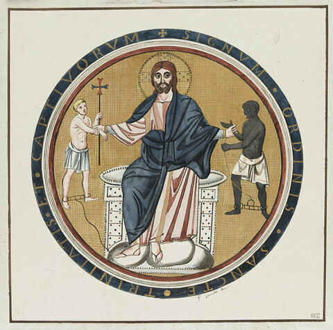 Mosaïque avec le Christ en gloire, sur un trône, tenant par la main un prisonnier blanc, à sa gauche, et un prisonnier noir, à sa droite, image 1/1