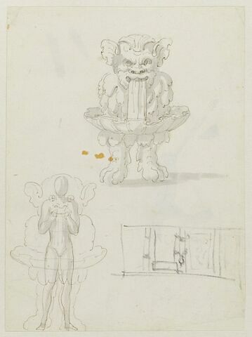 Costume-machine de monstre-fontaine portant le masque d'Arlequin, vu en plein et en transparence, avec croquis scénographiques, image 1/1