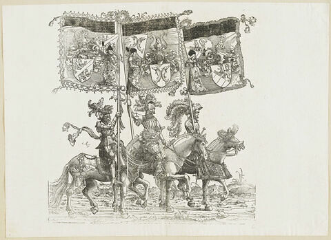 Le triomphe de Maximilien: soixantième planche. Trois chevaliers avec les bannières aux blasons de Kybourg, de Ferrette et de Goritz
