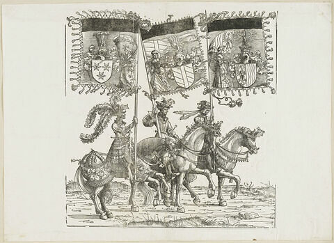 Le triomphe de Maximilien : soixante-et-unième planche. Trois chevaliers avec les bannières aux blasons de Cilli, de Burgau et de la Haute Autriche, image 1/1