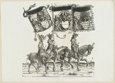Le triomphe de Maximilien : soixante-deuxième planche.Trois chevaliers avec les bannières aux blasons de Säckingen, de Hohenberg et de Nellenburg, image 1/1
