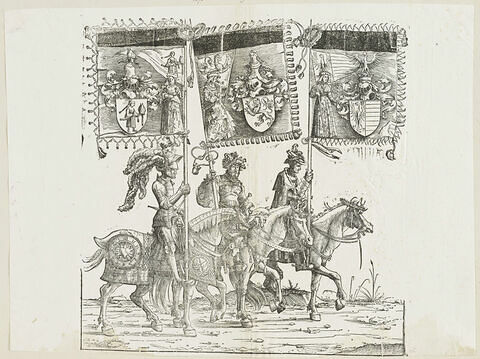 Le triomphe de Maximilien : soixante-sixième planche. Trois chevaliers avec les bannières aux blasons de Kirchberg, de Ravensbourg et de Waldhausen, image 1/1