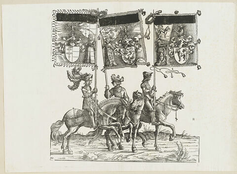 Le triomphe de Maximilien : soixante-septième planche. Trois chevaliers avec les bannières aux blasons du Frioul, d'Andechs et de Toggenburg, image 1/1