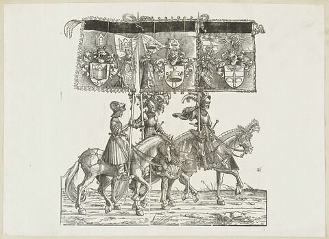 Le triomphe de Maximilien : soixante-huitième planche. Trois chevaliers avec les bannières aux blasons de Pordenone, de Windischmarkt et de Trieste, image 1/1