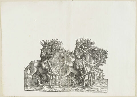 Le triomphe de Maximilien : soixante-dixseptième planche. Musiciens bourguignons à cheval avec des instruments à vent, image 1/1