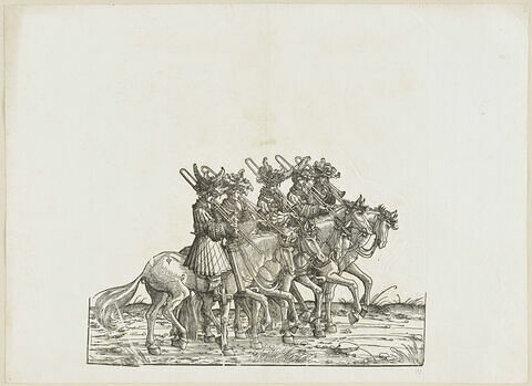 Le triomphe de Maximilien : soixante-dixhuitième planche. Cinq musiciens à cheval, image 1/1