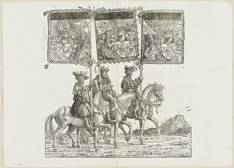 Le triomphe de Maximilien. Quatre-vingt unième planche. Trois porteurs de bannières à cheval avec les armes de Gueldre, du Luxembourg et du Limbourg, image 1/1