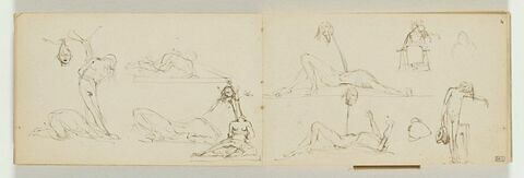 Deux figures gisant sur le sol, leurs têtes coupées sur une pique et figure assise et figure nue debout la tête inclinée