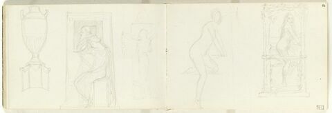 Femme nue, de profil à droite, jambe gauche pliée, dans un encadrement de colonnettes à motifs végétaux ; reprise de la figure de femme à gauche, image 1/1