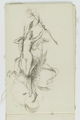 Femme nue debout tenant un bâton fleuri et cheval ailé dans les nuages