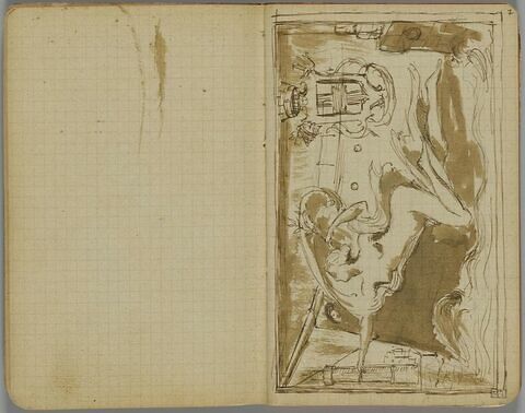 Projet pour un bas-relief rectangulaire avec une femme nue volant devant un bateau et tenant un rameau d'olivier. Armes plaquées à droite. Phare au fond à gauche, image 1/1