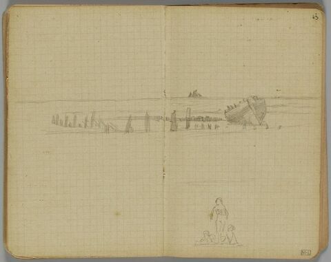 Croquis de paysage avec un bateau échoué au bord de l'eau et rangée de piquets (le dessin se poursuit sur le folio 43 recto), image 1/1