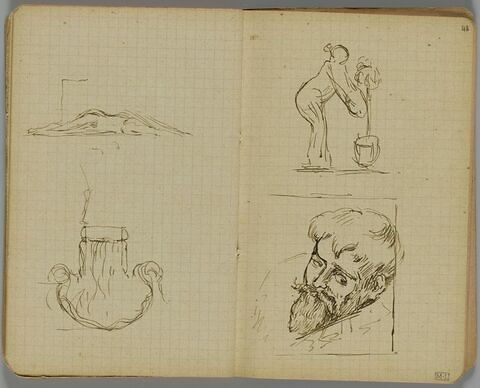 Deux croquis. Une femme nue remplissant un seau et tête d'homme barbu, de trois quarts à gauche, dans un encadrement, image 1/1