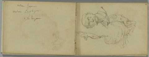 Buste d'homme moustachu, de face et deux croquis de femme nue, dansant ou sautant
