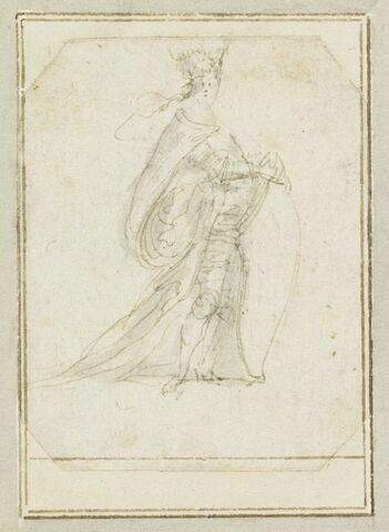 Projet de cartes à jouer : Femme debout portant un turban à aigrette et tenant un bouclier, image 1/1