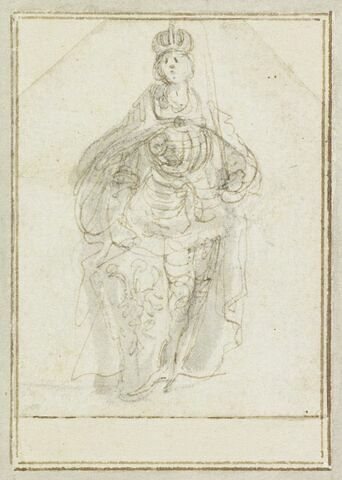 Projet de cartes à jouer : Femme debout de face, couronnée, tenant un glaive ; à ses pieds, un écu avec les armes de la maison d'Autriche