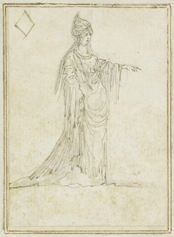 Projet de cartes à jouer : Femme en manteau long et turban, le bras gauche étendu