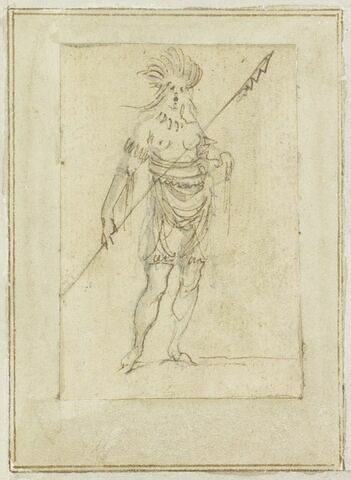 Projet de cartes à jouer : Femme de face, coiffée de plumes et tenant une lance, image 1/1