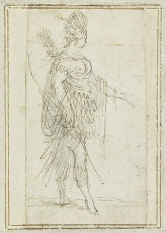 Projet de cartes à jouer : Femme de profil, coiffée de plumes, portant un pagne, un arc et des flèches, image 1/1