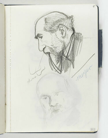 En haut, tête d'homme barbu, le front dégarni, de profil à gauche. En bas, croquis inachevé d'une tête d'homme, de face, légèrement penchée, image 1/1