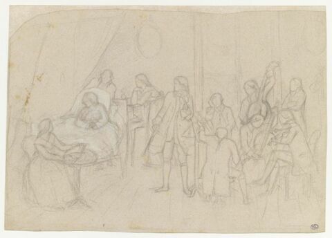 Groupe de musiciens dans un intérieur ; à gauche, femme dans un lit entourée de plusieurs personnages, image 1/1