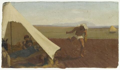 Scène orientale : à gauche, groupe de personnages sous une tente fixée sur un champ que parcoure un homme vêtu d'un pagne et semant
