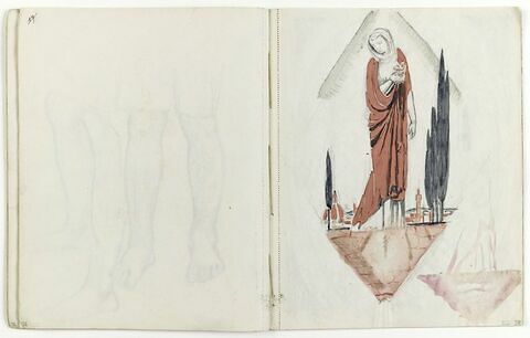 Femme debout (Vierge ?) sous un fronton sur un fond de paysage italien, image 1/1
