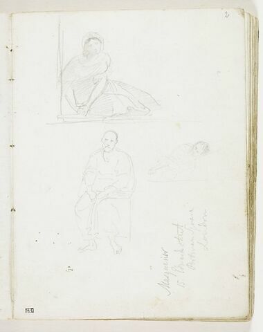 Trois études de figures : femme assise sur le sol, se lavant les mains dans un bassin ; vieillard assis, drapé à l'antique ; homme allongé, bras croisés, à mi-corps