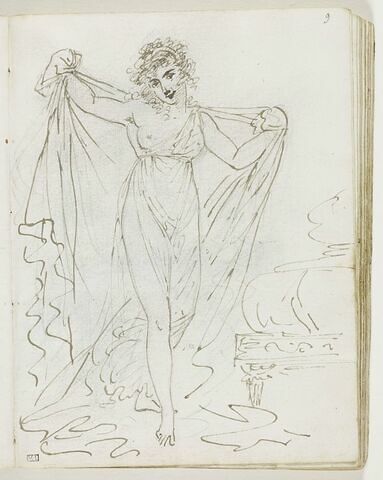 Figure de jeune femme, habillée à l'antique, drapant ou révélant ses charmes près d'un lit, image 1/1