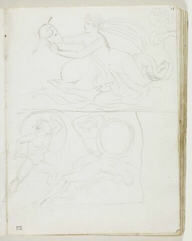 Figure féminine nue, à l'antique, montée sur un dauphin et portant le casque d'un guerrier grec ; deux guerriers grecs combattant auprès du cadavre d'un troisième