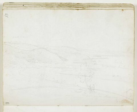 Vue du lac de Bolsena avec deux personnages sous un arbre, au premier plan, à droite, image 1/1