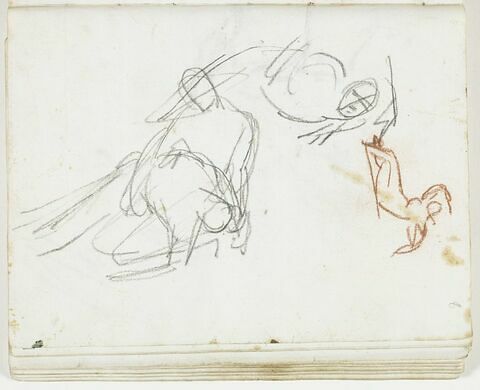 Esquisse d'un personnage agenouillé tenant sur ses jambes un corps inanimé et de deux autres figures, l'une allongée sur le flanc, la tête posée sur le bras gauche, l'autre nue, à demi allongée, image 1/1