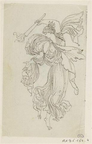 Figure féminine drapée à l'antique, volant, tenant de la main gauche une torche allumée, renversée