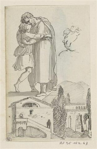 Homme et jeune garçon enlacés, croquis d'une tête en raccourcis et paysage montagneux avec, au premier plan, une villa dans un jardin, image 1/3