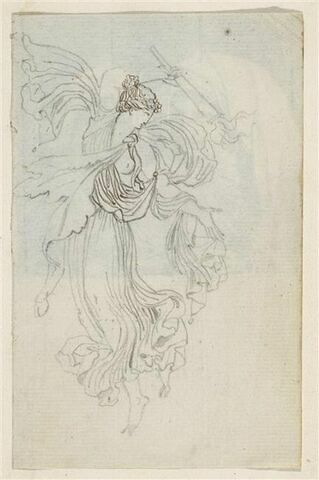 Figure féminine drapée à l'antique, volant, tenant de la main droite une torche allumée, renversée