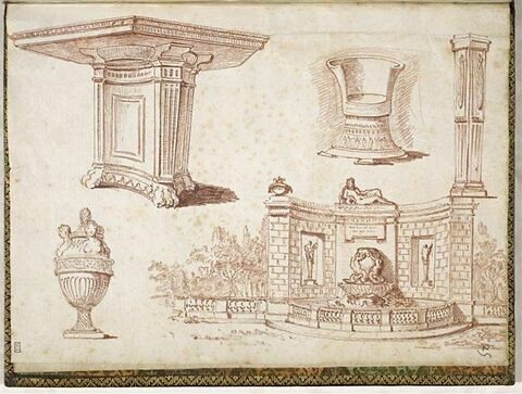 Cinq dessins: table antique, vase orné de bustes féminins, trône, pilier, fontaine architecturée