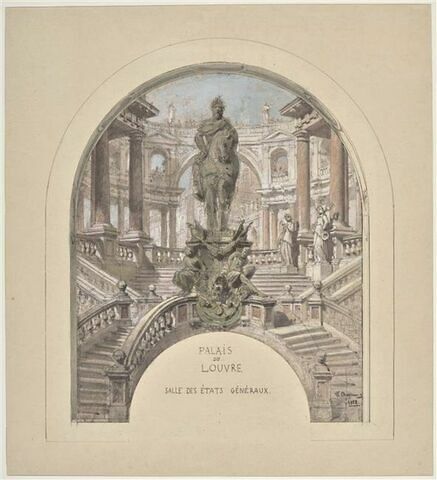 Un projet pour la salle des Etats du palais du Louvre : un empereur à cheval sur un piédestal avec des esclaves sur un escalier à double révolution devant un portique