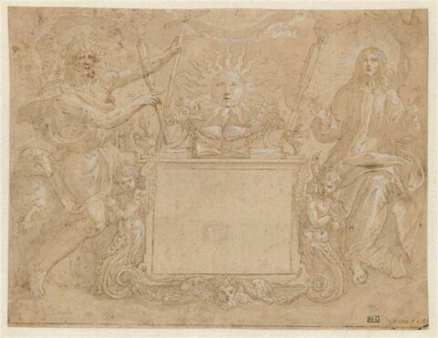 Le Christ et saint Jean-Baptiste de part et d'autre d'un autel surmonté d'un soleil
