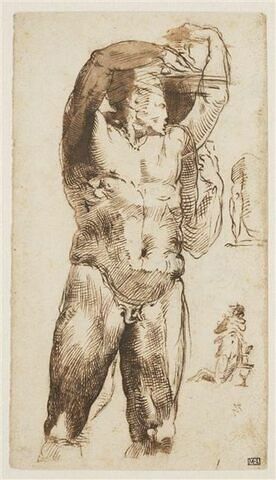 Etude d'un homme nu vu de face, portant une charge, bras gauche vu de dos ; Vierge agenouillée, pour une Annonciation, image 1/2
