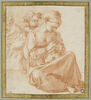 Femme cousant assise par terre, deux enfants derrière elle, image 1/2