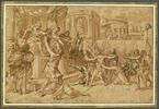 Un massacre en présence de trois tribuns romains placés sur une estrade, image 1/2