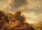 Paysage montagneux avec couple cheminant près d'une cascade, image 1/5