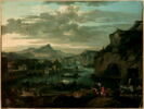Bateaux au bord d’un lac dans un site montagneux. Paysage italianisant composé, image 2/2