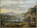 Bateaux au bord d’un lac dans un site montagneux. Paysage italianisant composé, image 1/2