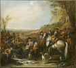 Halte de grenadiers à cheval de la Maison du Roi. Assis au centre, M. de Creil, leur commandant; au fond, la tranchée de Philippsbourg (juin 1734), image 1/5