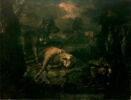 Un loup dévorant un mouton dans un paysage, avec troupeau et berger, image 3/3