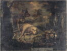 Un loup dévorant un mouton dans un paysage, avec troupeau et berger, image 2/3