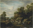 Paysage rocheux, avec chariot, cavalier et passants cheminant, image 1/2